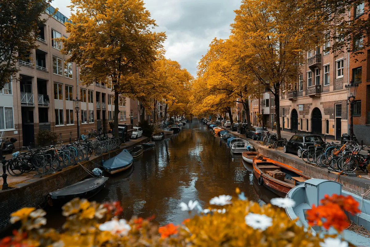 Herbstlich gefärbte Bäume an einer Gracht mit Fahrrädern und Booten